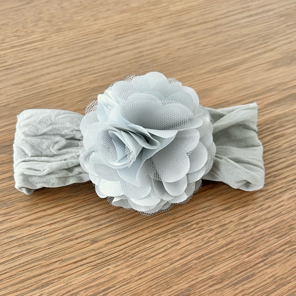 Baby Bling Ruffle Rose Flower Wide Headband Hairband Wrap Bow Gray